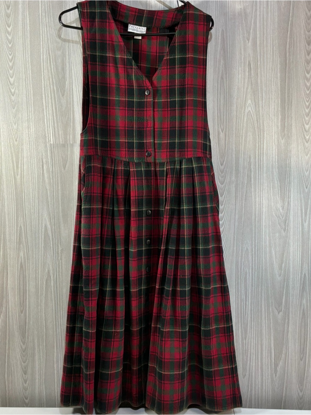 Vintage Red Green Tartan Plaid Vneck Button Front Jumper Dress Cotton Flannel 12